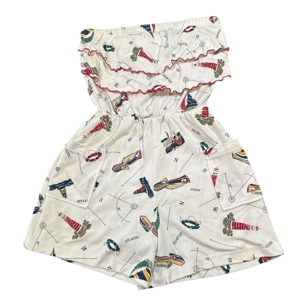 80’s White Nautical Print Jumpsuit